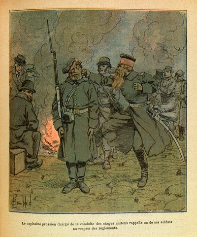 A Armee Oriental do Sargento Eugene, conhecida como Grenest, ilustrada por Louis Bombled (1862-1927) (Guerra Franco-Alemã; campanha de 1870-1871): Um capitão prussiano encarregado da conduta dos reféns de Nuits Saint Georges recorda um dos seus soldados em de Louis Charles Bombled