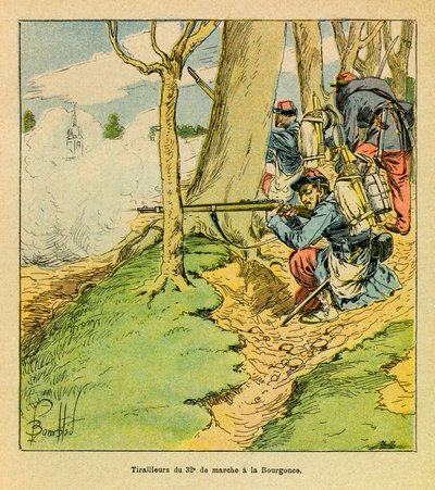 A Armee Oriental do Sargento Eugene, conhecida como Grenest, ilustrada por Louis Bombled (1862-1927) (Guerra Franco-Alemã; campanha de 1870-1871): Sob as ordens do General Dupre, sapateiro da 32ª marcha na Batalha de La Bourgonce em outubro de 1870, Priva de Louis Charles Bombled