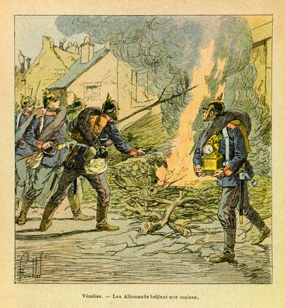 A Armee Oriental do Sargento Eugene, conhecida como Grenest, ilustrada por Louis Bombled (1862-1927) (Guerra Franco-Alemã; campanha de 1870-1871): Em Vezelise, os prussianos depois de invadirem a cidade, queimam uma casa, Coleção Privada de Louis Charles Bombled