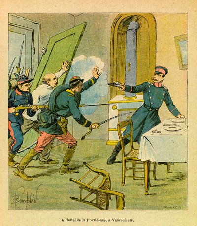 A Armee Oriental do Sargento Eugene, conhecida como Grenest, ilustrada por Louis Bombled (1862-1927) (Guerra Franco-Alemã; campanha de 1870 -1871): Um oficial prussiano feito prisioneiro por motivos franceses em Vaucouleurs, Coleção Privada de Louis Charles Bombled
