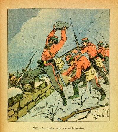 A Armee Oriental do Sargento Eugene, conhecida como Grenest, ilustrada por Louis Bombled (1862-1927) (Guerra Franco-Alemã; campanha 1870-1871): As camisas vermelhas de garibaldi em frente a Fontaine durante as batalhas de Dijon em janeiro de 1871, Coleção  de Louis Charles Bombled