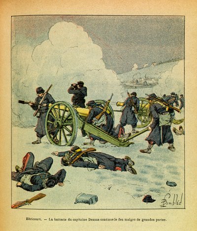 A Armee Oriental do Sargento Eugene, conhecida como Grenest, ilustrada por Louis Bombled (1862-1927) (Guerra Franco-Alemã; campanha de 1870 -1871): Janeiro de 1871, Hericourt, a bateria do Capitão Dessus continua o incêndio de grandes perdas, Coleção Priva de Louis Charles Bombled