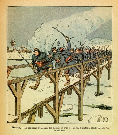 A Armee Oriental do Sargento Eugene, conhecida como Grenest, ilustrada por Louis Bombled (1862-1927) (Guerra Franco-Alemã; campanha de 1870 -1871): Janeiro de 1871, Hericourt, Capitão Grosliers e motivos do Puy de Dome cruzam os Doubs sob fogo inimigo, Pri de Louis Charles Bombled