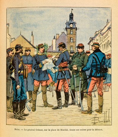 A Armee Oriental do Sargento Eugene, conhecida como Grenest, ilustrada por Louis Bombled (1862-1927) (Guerra Franco-Alemã; campanha de 1870 -1871): Batalha de Nuits Saint Georges; o General Cremer na Praça das Marcas dá as suas ordens de defesa, Dezembro d de Louis Charles Bombled