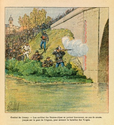 A Armee Oriental do Sargento Eugene, conhecida como Grenest, ilustrada por Louis Bombled (1862-1927) (Guerra Franco-Alemã; campanha de 1870-1871): Les mobiles des Hautes Alpes dão uma mão ao batalhão de Vosges durante o combate de Cussey no Ognon (dou de Louis Charles Bombled