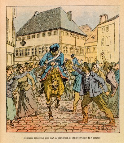 A Armee Oriental do Sargento Eugene, conhecida como Grenest, ilustrada por Louis Bombled (1862-1927) (Guerra Franco-Alemã; campanha de 1870-1871): O matiz vanguardista prussiano pela população de Rambervillers em 7 de outubro de Louis Charles Bombled