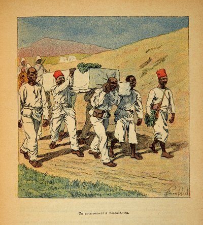 A Guerra em Madagáscar - História das Expedições Francesas de 1885-1895 por Henri Galli dit Galllichet (1854-1922), ilustrada por Louis Bombled (1862-1927): Enterro de um soldado em tsarasaotra em 1895, Coleção Privada de Louis Charles Bombled