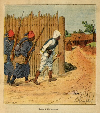 A Guerra em Madagáscar - História das Expedições Francesas de 1885-1895 por Henri Galli dit Galllichet (1854-1922), ilustrada por Louis Bombled (1862-1927): Tropas francesas entraram na aldeia de Mevatanana em 1895, Colecção Privada de Louis Charles Bombled