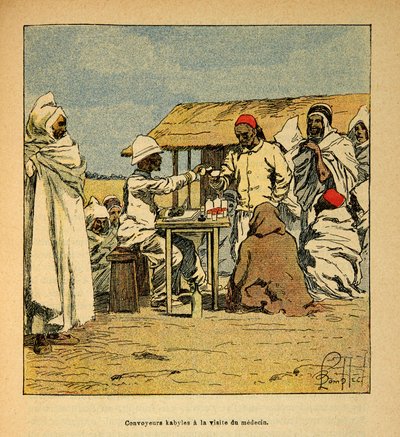 A Guerra em Madagáscar - História das Expedições Francesas de 1885-1895 por Henri Galli dit Galllichet (1854-1922), ilustrada por Louis Bombled (1862-1927): Convoeiros Kabiles uma visita de um médico militar, Colecção Privada de Louis Charles Bombled
