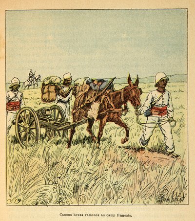 A Guerra em Madagáscar - História das Expedições Francesas de 1885-1895 por Henri Galli dit Galllichet (1854-1922), ilustrada por Louis Bombled (1862-1927): cânones de Hovas trazidos de volta ao acampamento francês, coleção particular de Louis Charles Bombled