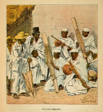 A Guerra em Madagáscar - História das Expedições Francesas de 1885-1895 por Henri Galli dit Galllichet (1854-1922), ilustrada por Louis Bombled (1862-1927): Músicos malgaxes do século XIX, Coleção Particular de Louis Charles Bombled