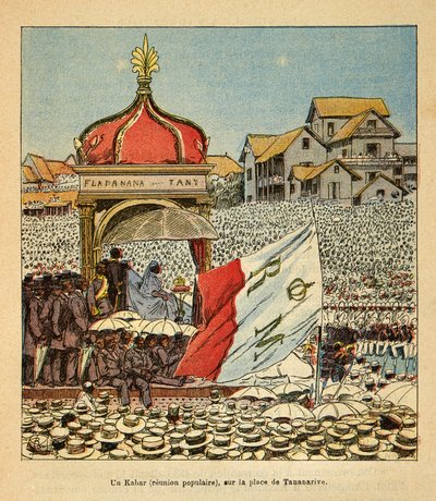 A Guerra em Madagáscar - História das Expedições Francesas de 1885-1895 por Henri Galli dit Galllichet (1854-1922), ilustrada por Louis Bombled (1862-1927): Um Kabar (encontro popular) na Praça Tananarive, no século XIX, na presença do Qu de Louis Charles Bombled
