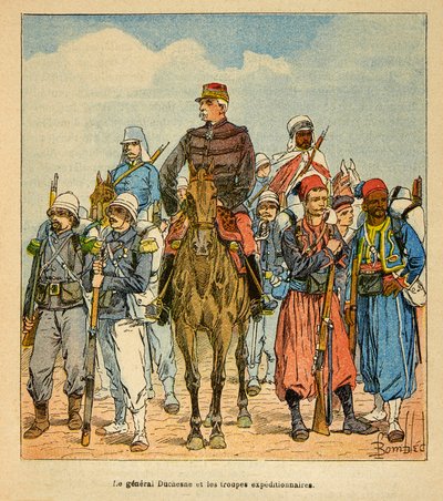 A Guerra em Madagáscar - História das Expedições Francesas de 1885-1895 por Henri Galli dit Galllichet (1854-1922), ilustrada por Louis Bombled (1862-1927): General Duchesne com as Tropas Expedicionárias de Madagáscar, Coleção Particular de Louis Charles Bombled