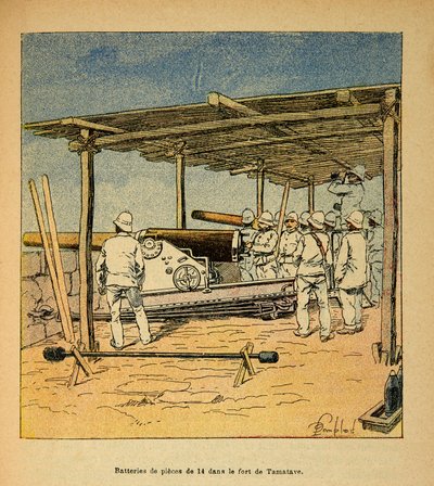 A Guerra em Madagáscar - História das Expedições Francesas de 1885-1895 por Henri Galli dit Galllichet (1854-1922), ilustrada por Louis Bombled (1862-1927): Tambores de 14 peças no Forte de Tamatave em 1895, Coleção Particular de Louis Charles Bombled