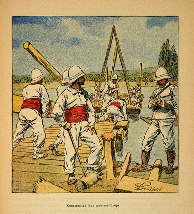 A Guerra em Madagáscar - História das Expedições Francesas de 1885-1895 por Henri Galli dit Galllichet (1854-1922), ilustrada por Louis Bombled (1862-1927): Construção de uma ponte pelo gênio no rio Ikopa em 1895, Coleção Particular de Louis Charles Bombled