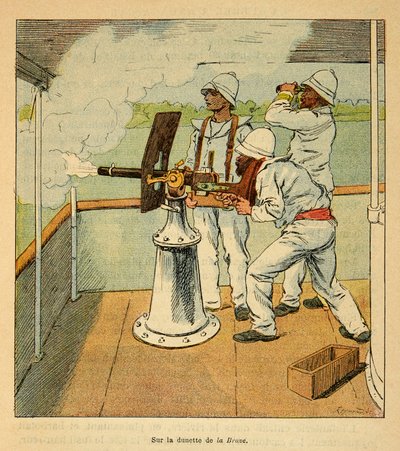 A Guerra em Madagáscar - História das Expedições Francesas de 1885-1895 por Henri Galli dit Galllichet (1854-1922), ilustrada por Louis Bombled (1862-1927): Tiro de canhão nas Hovas a bordo do canoniere "La Brave" em 1895, Coleção Particular de Louis Charles Bombled