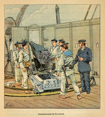 A Guerra em Madagáscar - História das Expedições Francesas de 1885-1895 por Henri Galli dit Galllichet (1854-1922), ilustrada por Louis Bombled (1862-1927): Bombardeamento de Tamatave pela Marinha Francesa, Coleção Privada de Louis Charles Bombled