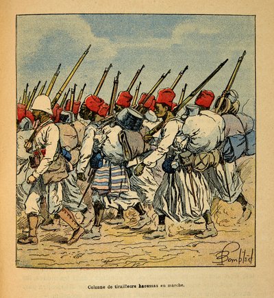 A Guerra em Madagáscar - História das Expedições Francesas de 1885-1895 por Henri Galli dit Galllichet (1854-1922), ilustrada por Louis Bombled (1862-1927): Coluna de Haoussas Tirailleurs marchando em 1895, Coleção Particular de Louis Charles Bombled