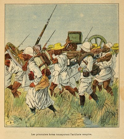 A Guerra em Madagáscar - História das Expedições Francesas de 1885-1895 por Henri Galli dit Galllichet (1854-1922), ilustrada por Louis Bombled (1862-1927): Prisioneiros Hovas usados para transportar peças de artilharia, Colecção Privada de Louis Charles Bombled