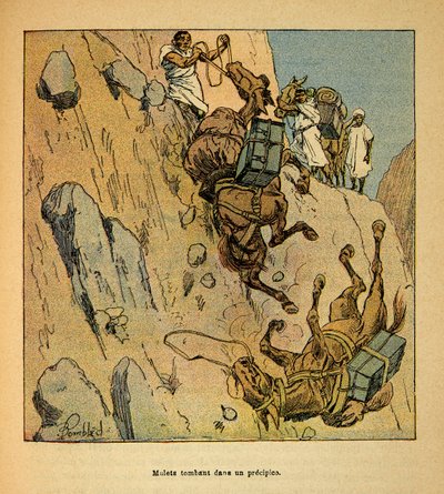 A Guerra em Madagáscar - História das Expedições Francesas de 1885-1895 por Henri Galli dit Galllichet (1854-1922), ilustrada por Louis Bombled (1862-1927): Muletos de um comboio militar caindo em um precipício, Coleção Particular de Louis Charles Bombled
