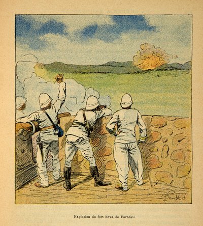 A Guerra em Madagáscar - História das Expedições Francesas de 1885-1895 por Henri Galli dit Galllichet (1854-1922), ilustrada por Louis Bombled (1862-1927): Explosão do Forte Hova em Farafate em 1895, Coleção Particular de Louis Charles Bombled