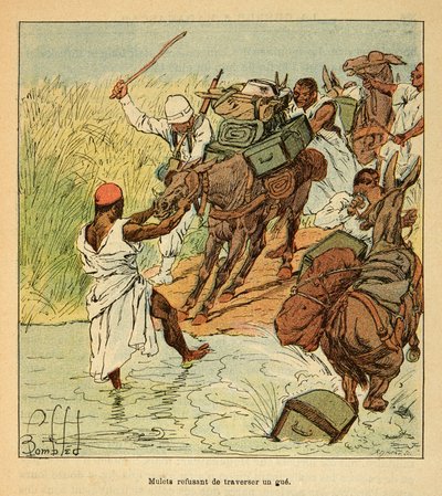 A Guerra em Madagáscar - História das Expedições Francesas de 1885-1895 por Henri Galli dit Galllichet (1854-1922), ilustrada por Louis Bombled (1862-1927): Muletos que se recusam a cruzar uma tábua durante a expedição francesa a Madagáscar em 1895, soldad de Louis Charles Bombled