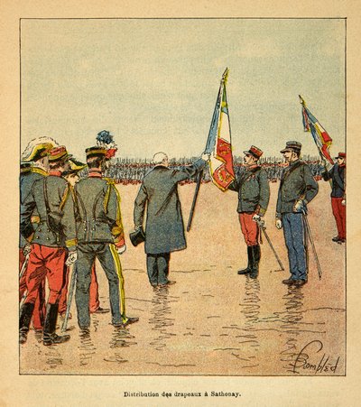 A Guerra em Madagáscar - História das Expedições Francesas de 1885-1895 por Henri Galli dit Galllichet (1854-1922), ilustrada por Louis Bombled (1862-1927): Distribuição de bandeiras em Sathonay às tropas que partiram para Madagáscar em 1895, no pres de Louis Charles Bombled
