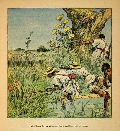 A Guerra em Madagáscar - História das Expedições Francesas de 1885-1895 por Henri Galli dit Galllichet (1854-1922), ilustrada por Louis Bombled (1862-1927): Hovas Tirailleurs atacando os militares construindo uma estrada em 1895, Coleção Privada de Louis Charles Bombled