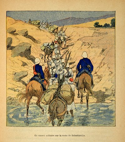 A Guerra em Madagáscar - História das Expedições Francesas de 1885-1895 por Henri Galli dit Galllichet (1854-1922), ilustrada por Louis Bombled (1862-1927): um comboio militar na estrada para Suberbieville em 1895, Coleção Privada de Louis Charles Bombled