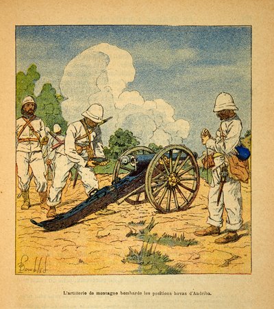 A Guerra em Madagáscar - História das Expedições Francesas de 1885-1895 por Henri Galli dit Galllichet (1854-1922), ilustrada por Louis Bombled (1862-1927): A artilharia de montanha bombardeou as posições Hovas a Andriba em 1895, Coleção Privada de Louis Charles Bombled