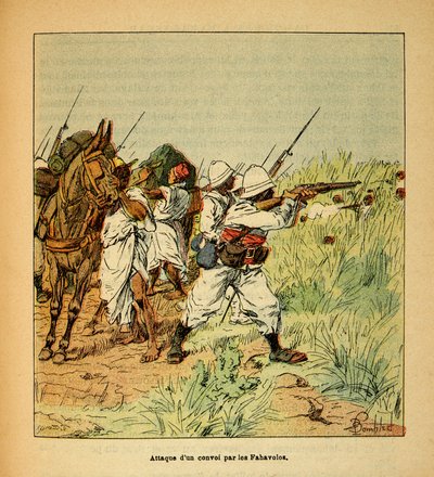 A Guerra em Madagáscar - História das Expedições Francesas de 1885-1895 por Henri Galli dit Galllichet (1854-1922), ilustrada por Louis Bombled (1862-1927): Ataque de uma escolta militar pelos Fahavolos, Coleção Privada de Louis Charles Bombled