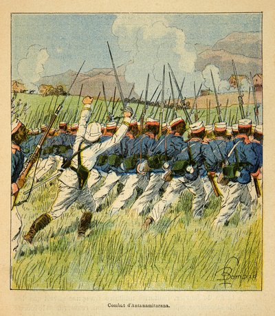 A Guerra em Madagáscar - História das Expedições Francesas de 1885-1895 por Henri Galli dit Galllichet (1854-1922), ilustrada por Louis Bombled (1862-1927): Tropas francesas durante as batalhas de Antanamitarana em 1895, coleção particular de Louis Charles Bombled