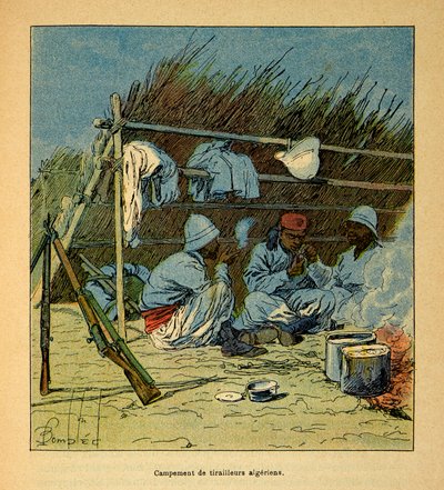 A Guerra em Madagáscar - História das Expedições Francesas de 1885-1895 por Henri Galli dit Galllichet (1854-1922), ilustrada por Louis Bombled (1862-1927): Campo de Argelinos em Madagáscar em 1895, Coleção Particular de Louis Charles Bombled