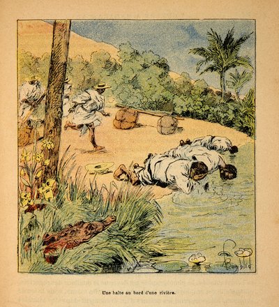 A Guerra em Madagáscar - História das Expedições Francesas de 1885-1895 por Henri Galli dit Galllichet (1854-1922), ilustrada por Louis Bombled (1862-1927): Uma parada junto ao rio em 1895, Coleção Particular de Louis Charles Bombled