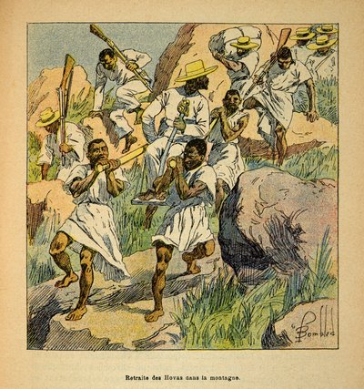 A Guerra em Madagáscar - História das Expedições Francesas de 1885-1895 por Henri Galli dit Galllichet (1854-1922), ilustrada por Louis Bombled (1862-1927): Retiro das Tropas Hovas na Serra, Colecção Privada de Louis Charles Bombled