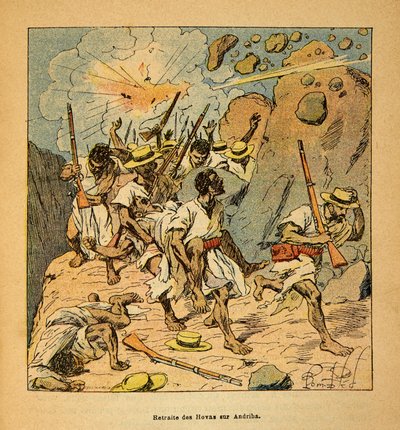 A Guerra em Madagáscar - História das Expedições Francesas de 1885-1895 por Henri Galli dit Galllichet (1854-1922), ilustrada por Louis Bombled (1862-1927): Retiro das Hovas em Andriba, Colecção Privada de Louis Charles Bombled