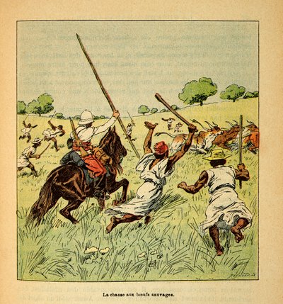 A Guerra em Madagáscar - História das Expedições Francesas de 1885-1895 por Henri Galli dit Galllichet (1854-1922), ilustrada por Louis Bombled (1862-1927): A caça de bois selvagens em Madagáscar em 1895, Coleção Particular de Louis Charles Bombled