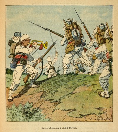 A Guerra em Madagáscar - História das Expedições Francesas de 1885-1895 por Henri Galli dit Galllichet (1854-1922), ilustrada por Louis Bombled (1862-1927): Os 40 Caçadores a Pé durante a Luta em Beritza em 1895, Coleção Privada de Louis Charles Bombled