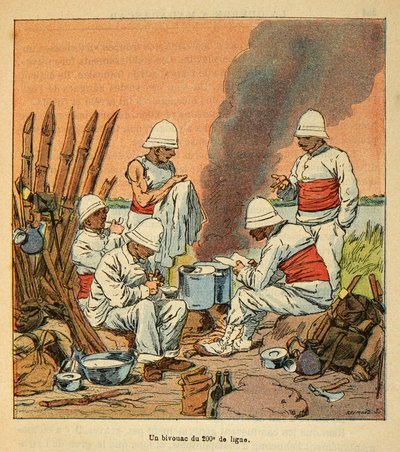 A Guerra em Madagáscar - História das Expedições Francesas de 1885-1895 por Henri Galli dit Galllichet (1854-1922), ilustrada por Louis Bombled (1862-1927): Um bivaque da 200ª linha em Madagáscar em 1895, Coleção Particular de Louis Charles Bombled