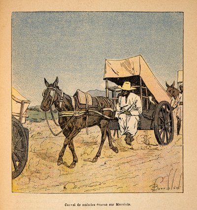 A Guerra em Madagáscar - História das Expedições Francesas de 1885-1895 por Henri Galli dit Galllichet (1854-1922), ilustrada por Louis Bombled (1862-1927): Comboio de Fugas Doentes em Marololo, Coleção Particular de Louis Charles Bombled