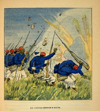 A Guerra em Madagáscar - História das Expedições Francesas de 1885-1895 por Henri Galli dit Galllichet (1854-1922), ilustrada por Louis Bombled (1862-1927): Os Tirailleurs Sakalave durante a Luta em Andriba em 1895, Coleção Privada de Louis Charles Bombled