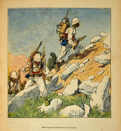 A Guerra em Madagáscar - História das Expedições Francesas de 1885-1895 por Henri Galli dit Galllichet (1854-1922), ilustrada por Louis Bombled (1862-1927): Avant-garde da infantaria em Madagáscar em 1895, Coleção Particular de Louis Charles Bombled