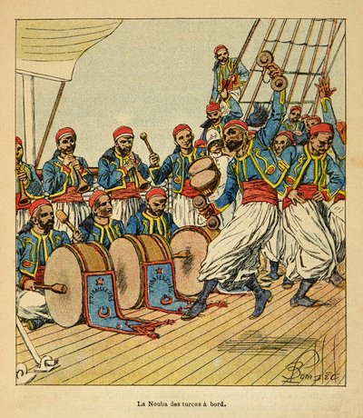 A Guerra em Madagáscar - História das Expedições Francesas de 1885-1895 por Henri Galli dit Galllichet (1854-1922), ilustrada por Louis Bombled (1862-1927): La nouba des turcos a bordo do navio que navega para Madagáscar, Coleção Particular de Louis Charles Bombled