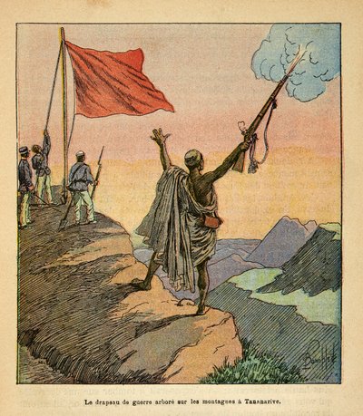 A Guerra em Madagáscar - História das Expedições Francesas de 1885-1895 por Henri Galli dit Galllichet (1854-1922), ilustrada por Louis Bombled (1862-1927): A fábrica da Bandeira Vermelha da Guerra Vermelha malgaxe nas montanhas Tananarive, Coleção Privada de Louis Charles Bombled
