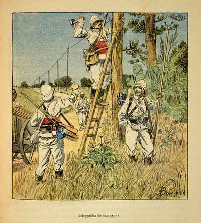 A guerra em Madagáscar - história das expedições francesas de 1885-1895 por Henri Galli dit Galllichet (1854-1922), ilustrada por Louis Bombled (1862-1927): Implementação da campanha telegráfica pelos militares em Madagáscar em 1895, colisão privada de Louis Charles Bombled