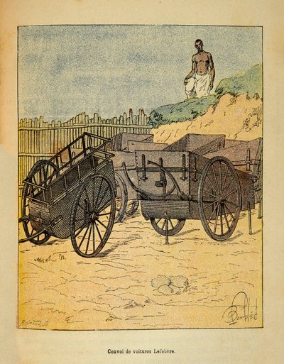 A guerra em Madagáscar - história das expedições francesas de 1885-1895 por Henri Galli dit Galllichet (1854-1922), ilustrada por Louis Bombled (1862-1927): Caravana de carros que Lefebvre utiliza para o abastecimento de tropas, Recolha privada de Louis Charles Bombled