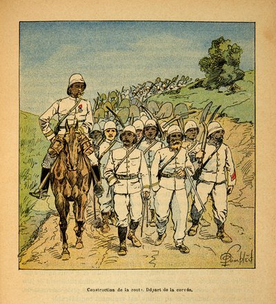 A guerra em Madagáscar - história das expedições francesas de 1885-1895 por Henri Galli dit Galllichet (1854-1922), ilustrada por Louis Bombled (1862-1927): Construção de uma estrada em Madagáscar, início do corvejo, Colecção privada de Louis Charles Bombled