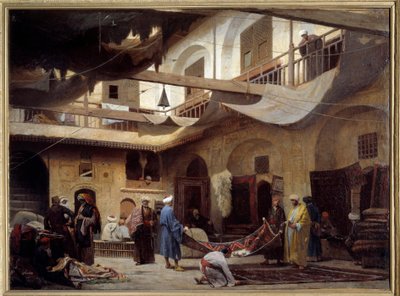 O bazar de tapetes no Khan-Khabil, no Cairo, em 1866. Pintura de Louis Claude Mouchot (1830-1891) de Louis Claude Mouchot