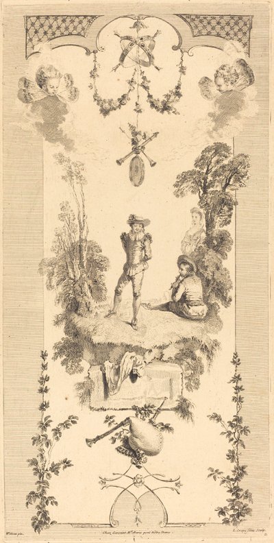 Pastor dançando ao som de uma flauta de Louis Crépy after Antoine Watteau