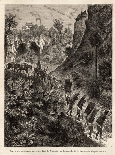 Um comboio de mercadores e seus carregadores a caminho de Yunnan (China), gravado após o desenho de L. Delaporte, para ilustrar a viagem de exploração na Indochina de Francis Garnier, tenente de navio, em 1866-1868, publicado em "Le tour du monde" 187 de Louis Delaporte